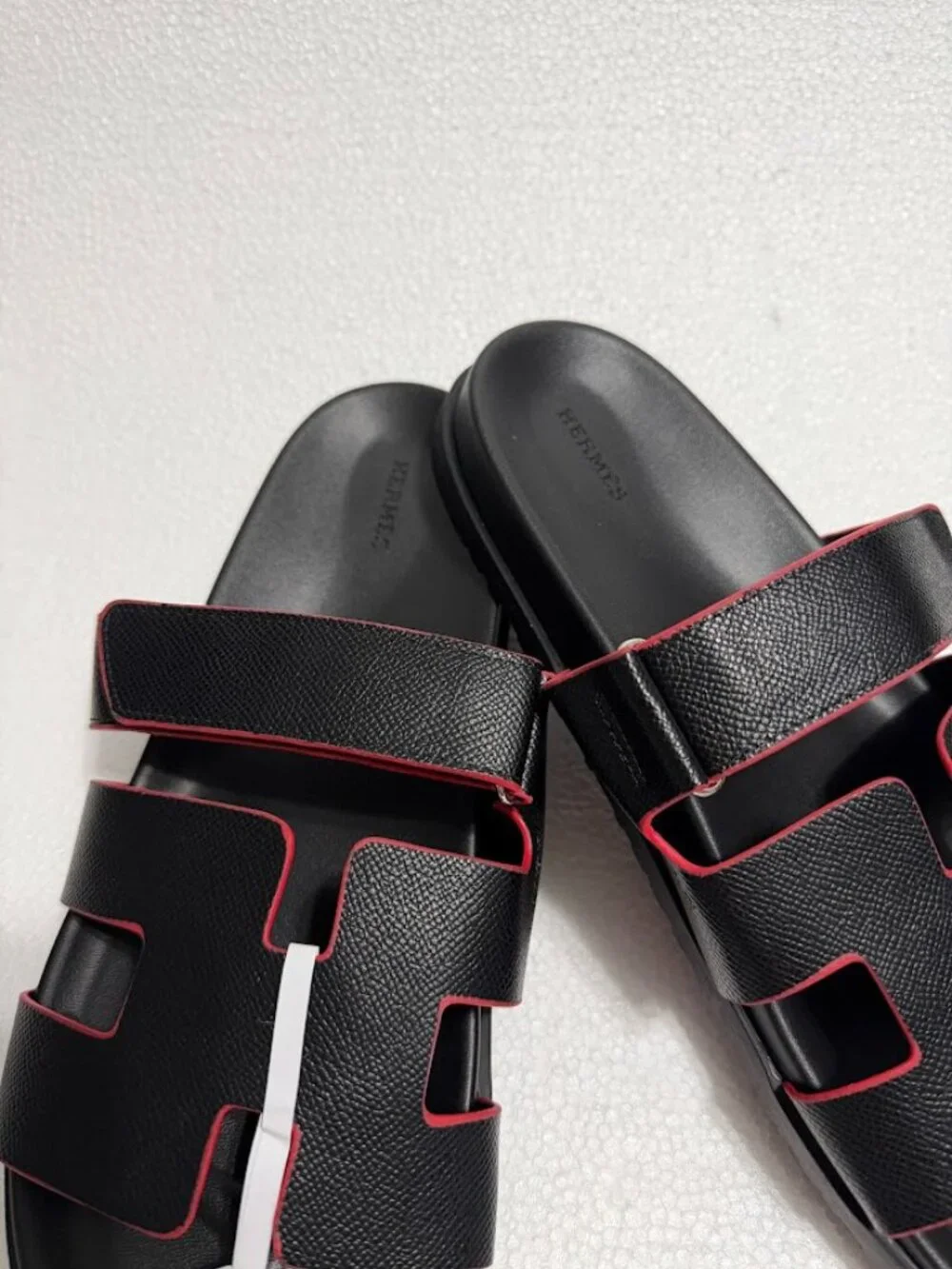 Black Cutout Slide Sandals with Red Trim Adjustable Strap Size 44